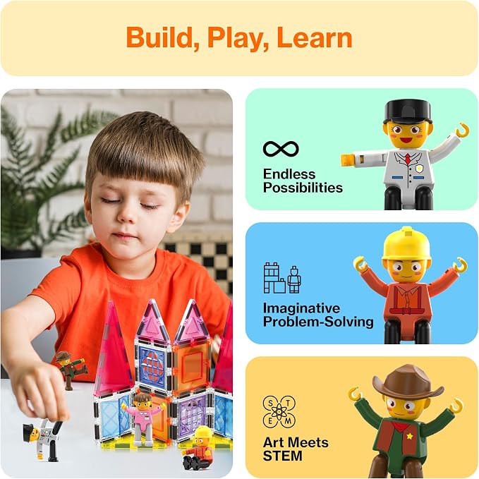 PicassoTiles Profession Character Action Figures Toddler Toy Set Pretend Play Magnet Expansion Pack Add-on STEM Construction Building Block Tile PTA02