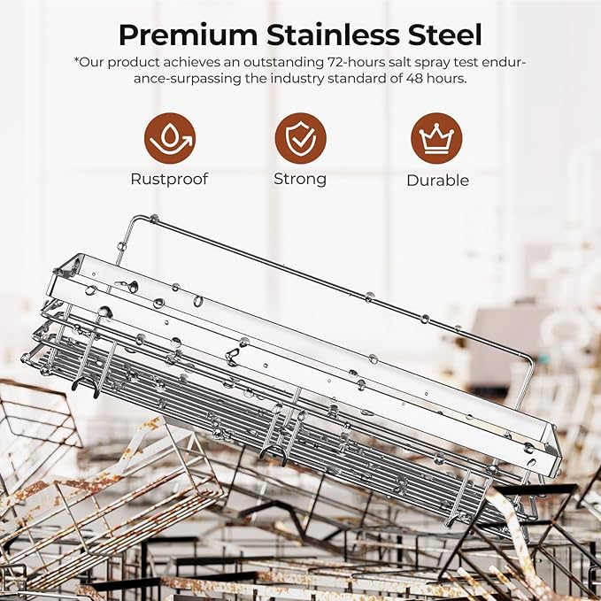 Orimade Adhesive Shower Caddy Soap Dish Holder Shelf with 5 Hooks Bathroom Organizer Basket Kitchen Storage Rack Wall Mounted No Drilling Stainless Steel - 3 Pack,Silver