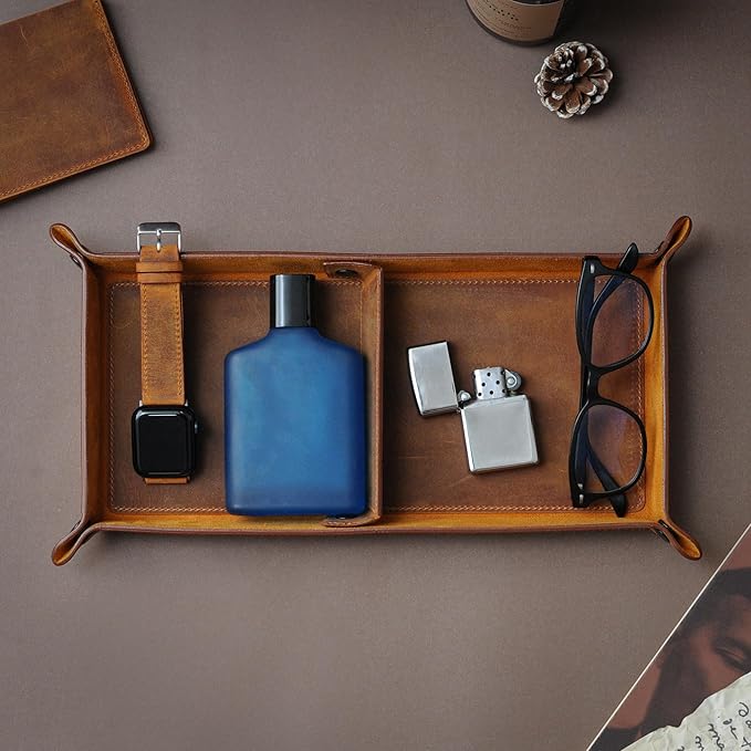 Handmade Leather Catch All Tray, Customizable Handcrafted Genuine Leather Valet Tray and Organizer for Keys, Phones, Jewels, Coins, Rectangular, Red