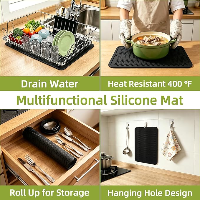 Golden Expandable Dish Drying Rack with Silicone Drying Mat-Extra Large Stainless Steel Dish Drainer Over The Sink with Utensil Holder, Applicable for Sink Width 16'-22' (Gold,23.2'*12.2')
