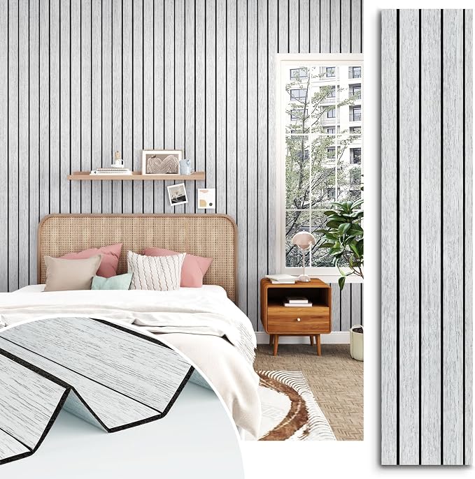 White/Grey Wood Slat Panels for Interior Wall Decor Self Adhesive Textured 3D