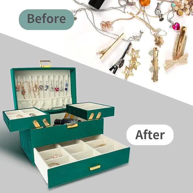 Dajasan Jewelry Box for Women, 3 Layers Large Velvet Jewelry Organizer, Jewelry Storage Organizer, Jewelry Case for Earring, Ring, Necklace, Bracelets (Green)