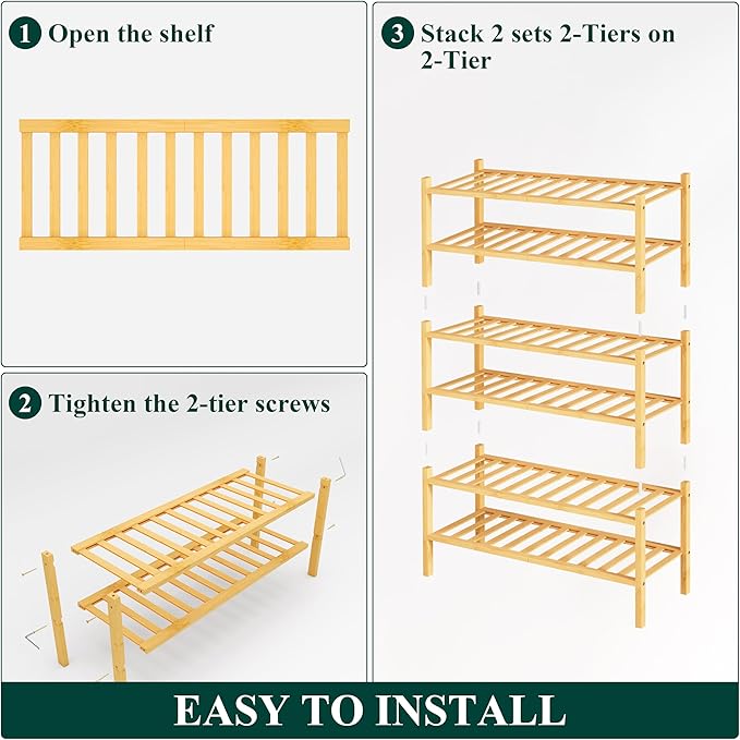 Smiry Bamboo Shoe Rack, 6 Tier Free Standing Wooden Shoe Organizer, Stackable Wood Shoe Storage Shelf for Closet, Entryway, 14 Vertical Slats, 2+2+2 Stack Heavy-Duty Legs, 26.8"x11"x39", Natural