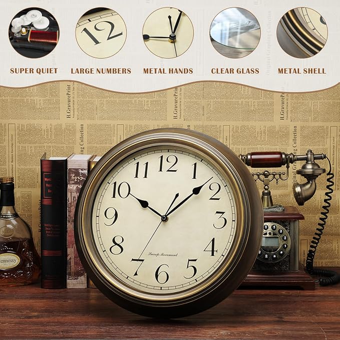 Plumeet Small Metal Wall Clock, Arabic Numerals, Battery Operated