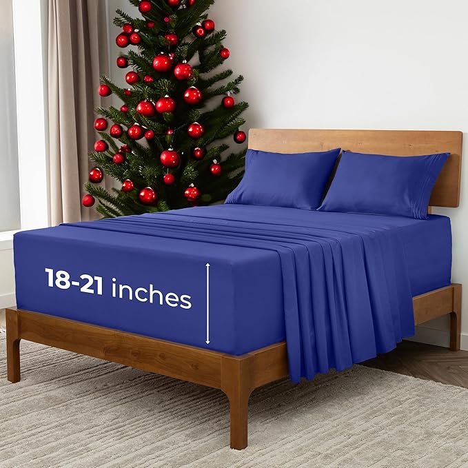 Mellanni Extra Deep Split King Sheets - 5 PC Iconic Collection Bedding - Hotel Luxury, Ultra Soft, Cooling Bed Sheets - Wrinkle, Fade, Stain Resistant (Split King, Royal Blue)