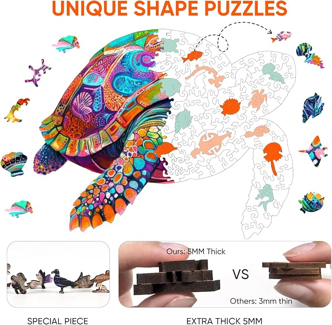 Mys Aurora Colorful Turtle Puzzles for Adults 500 Pieces Ocean Wood Puzzles | 5MM Thick Wooden Jigsaw Puzzles, Unique Shape Puzzle for Adults and Kids Birthday Gifts Family Game 17.3 * 17.3 inches
