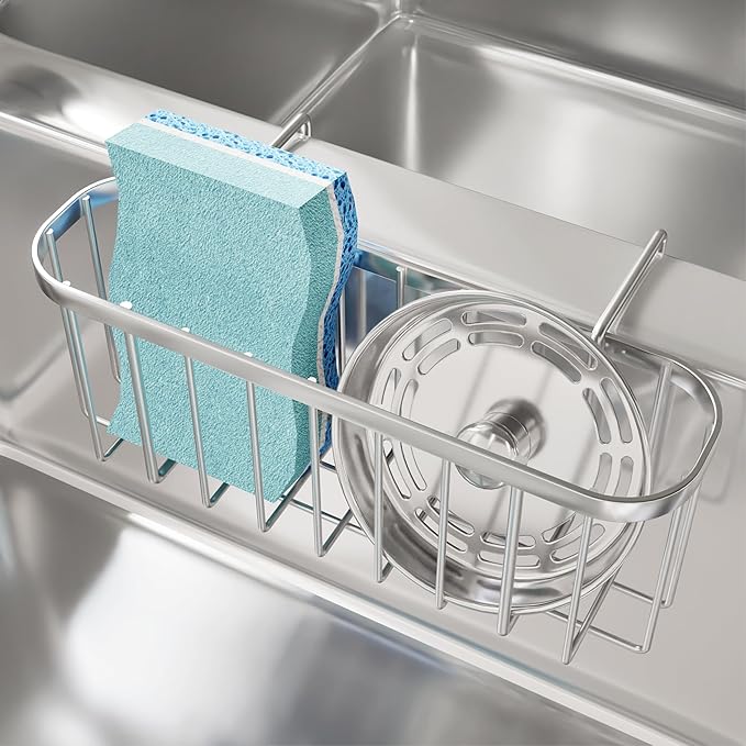 SWTYMIKI Sponge Holder for Kitchen Sink, Movable Kitchen Sink Caddy with Compact Size Rustproof and Waterproof Hanging Sponge Caddy for Double Bowl Sinks, Silver