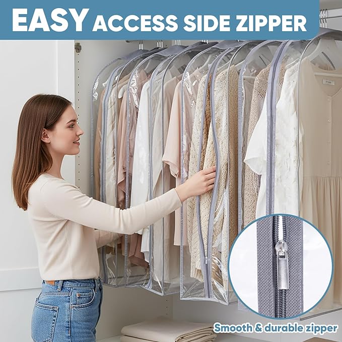 BALEINE 50'' Clear Garment Bags for Hanging Clothes, 10.5'' Wide PEVA Suit Bag for Closet Clothes Dresses Coat (Clear, 6PK)