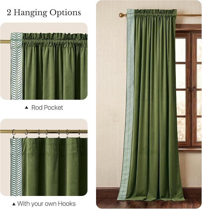NICETOWN Rod Pocket Embroidered Trim Velvet Curtains, 2 Panels, Olive Green