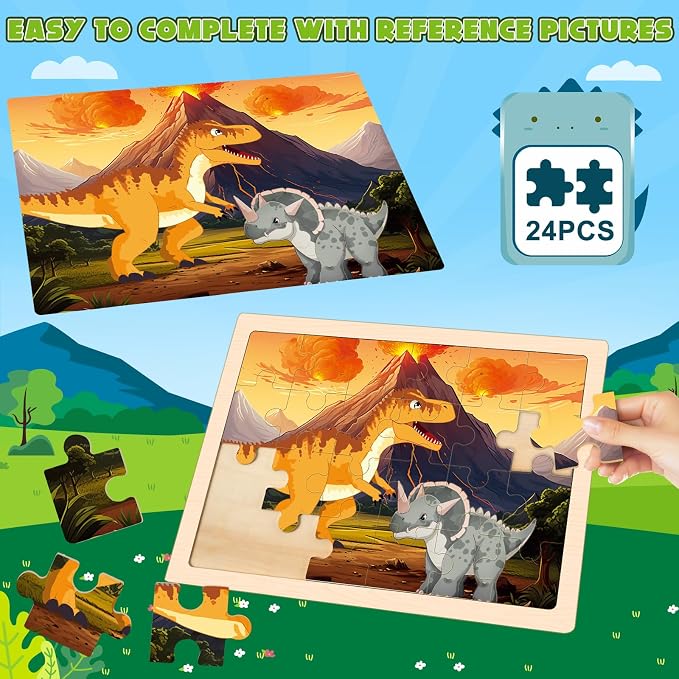 4-Pack Wooden Puzzles for Kids Ages 3-5, 24-Piece Dinosaurs Toddler Set | Toddler Puzzles Ages 3-5, Preschool Puzzles with Wooden Jigsaw Boards for Fine Motor Skills, Shape Recognition and Travel