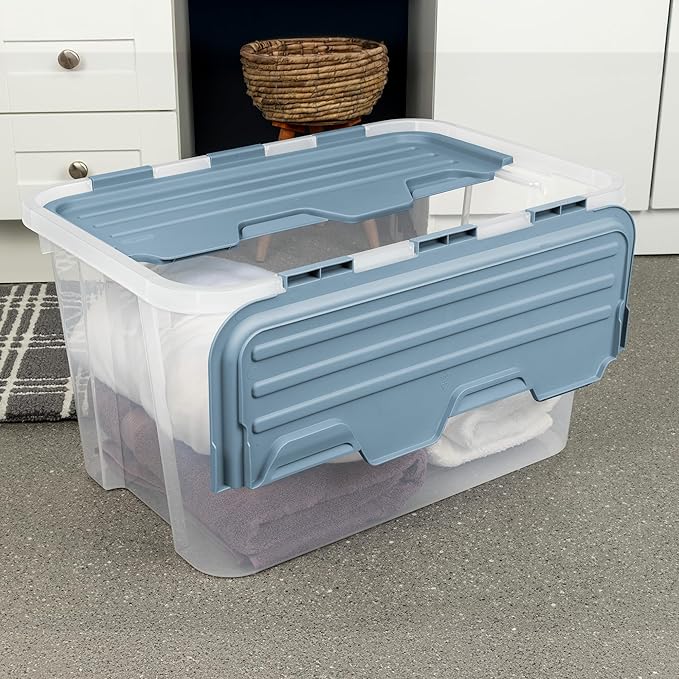 Sterilite 18 Pack Hinged Lid Storage Box, 60 Qt Plastic Container, Washed Blue - Home Organizer Tote for Storing Shoes, Crafts, Clothing, or Decor