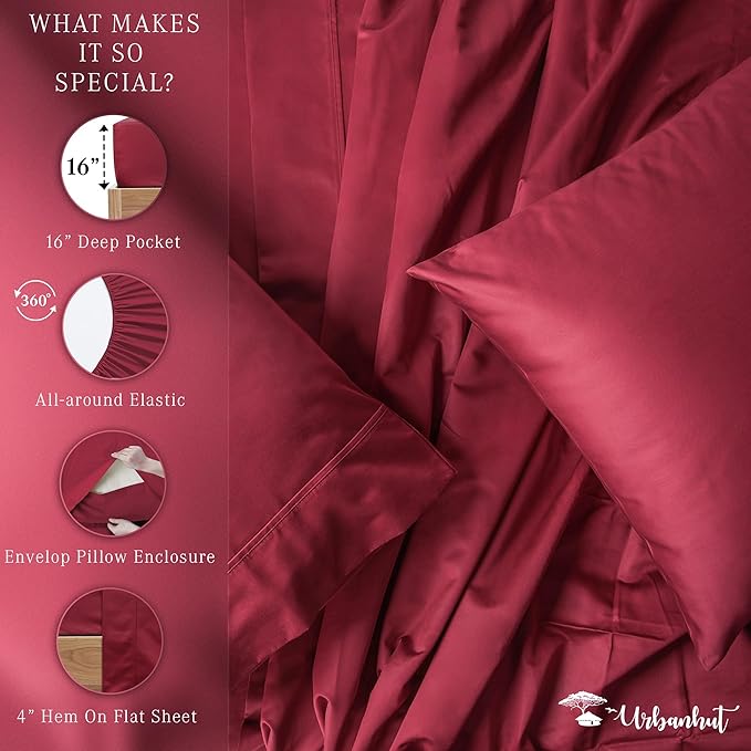 URBANHUT 1000 Thread Count King Bed Sheets Egyptian Cotton Sheet Set, Long Staple Soft & Breathable, 4 Pc Bed Sheet Sets, Luxury Hotel Sateen Sheets Fits 16" Deep Pocket - Burgundy