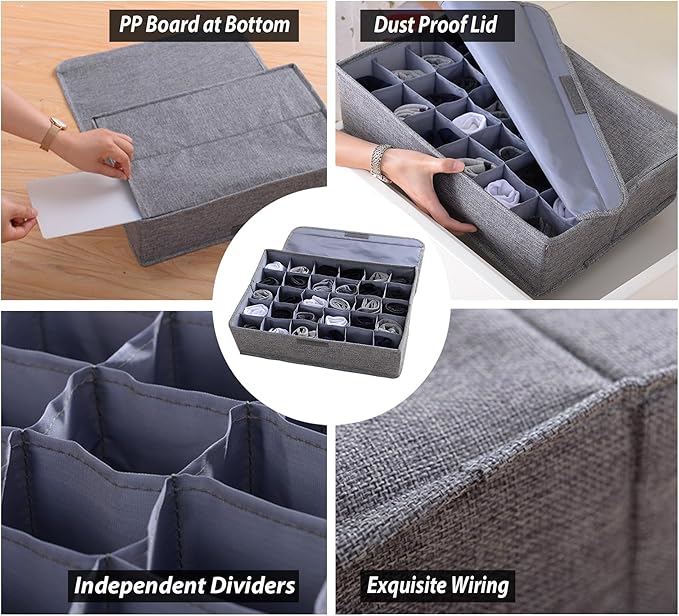 AARAINBOW 2 Packs Underwear Socks Ties Storage Organizer with Lids Foldable Closet Drawer Organizer 60 Cells, Fabric Wardrobe Divider Storage Boxes for Scarves and Lingerie (30 Cell, 2 Coffee)
