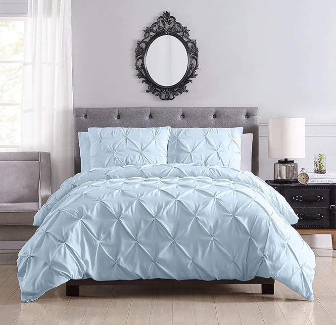 Pinch Pleated Duvet Cover Set 100% Brushed Microfiber 3PC Full Size 80x90 Duvet Cover Set, Decorative Pinch Design Sky Blue Duvet Cover with Matching Pillow Case