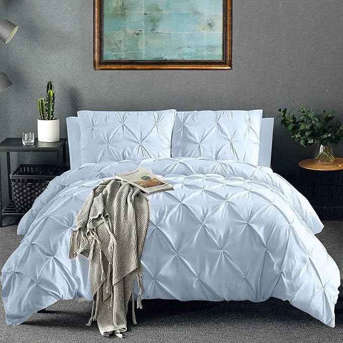 Pinch Pleated Duvet Cover Set 100% Brushed Microfiber 3PC Full Size 80x90 Duvet Cover Set, Decorative Pinch Design Sky Blue Duvet Cover with Matching Pillow Case