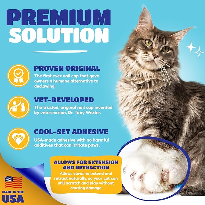 Soft Claws Cat Nail Caps for Large Cats – (40 Caps, Blue) - Made in USA - Veterinarian-Developed | Protects Furniture & Skin - Easy to Apply, Long-Lasting Anti-Scratch Soft Cat Claw Covers.