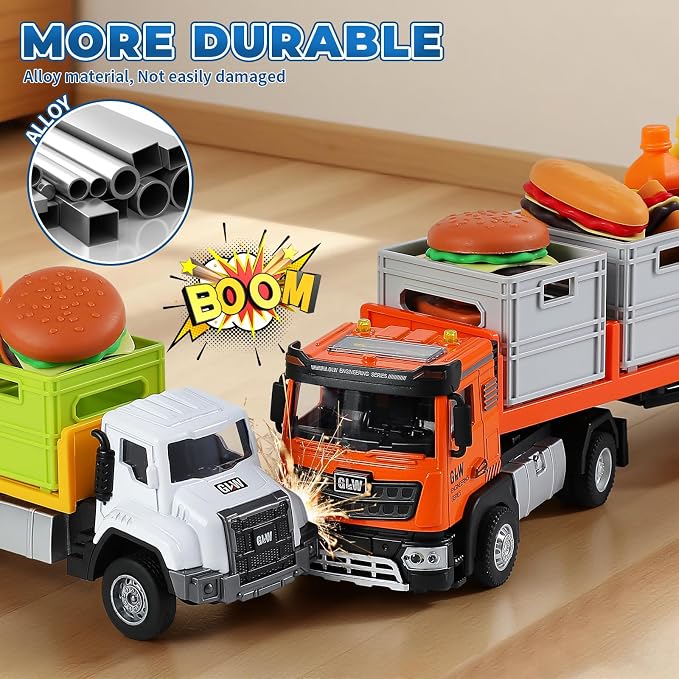 Food Transport Truck Toy for Age 3-8 Kids – 1:55 Alloy Vehicles Head Goods Trailer with Cargo Box and Food Model, Lights & Sounds (Transport Truck White)