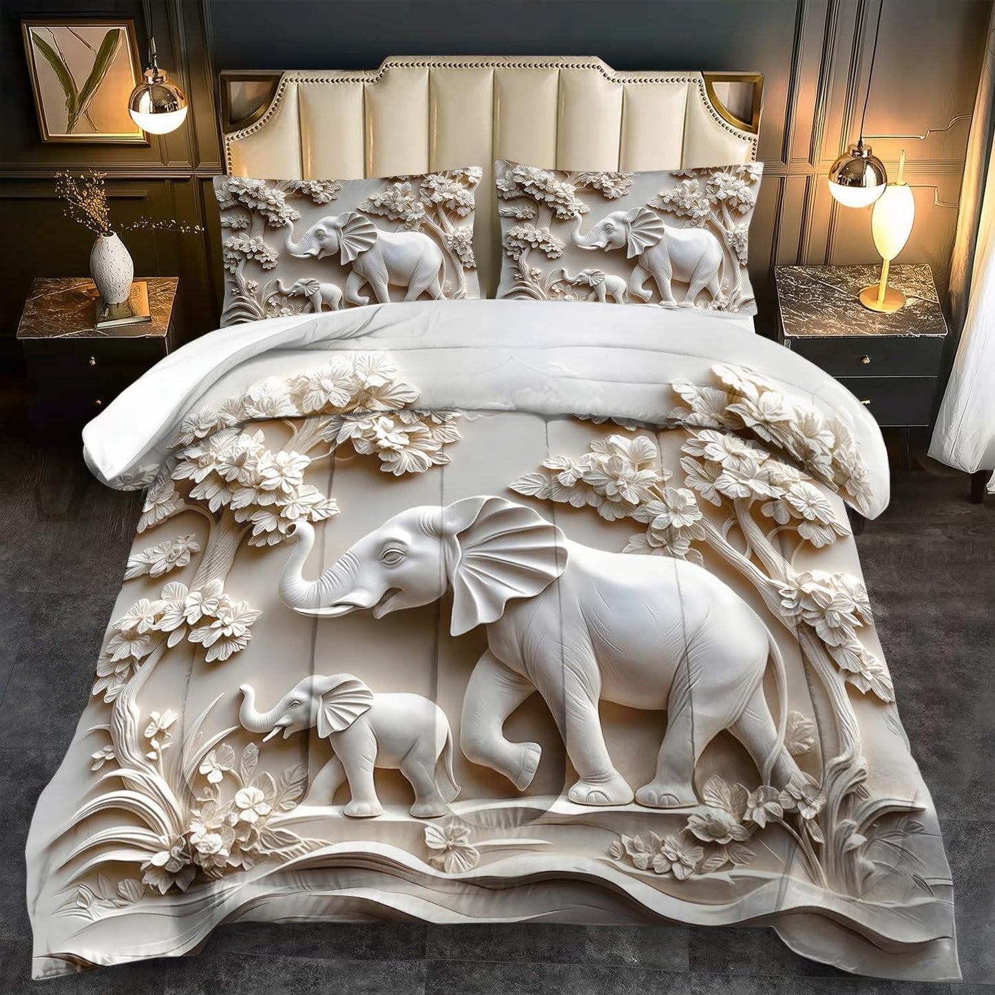 Elephant Comforter Set King Adult, White Animal Bedding Set King for Man, Cute Animal Comforter for Kids,Elephant Quilt Pattern White Bedroom Decor Womens, Relief Bedding