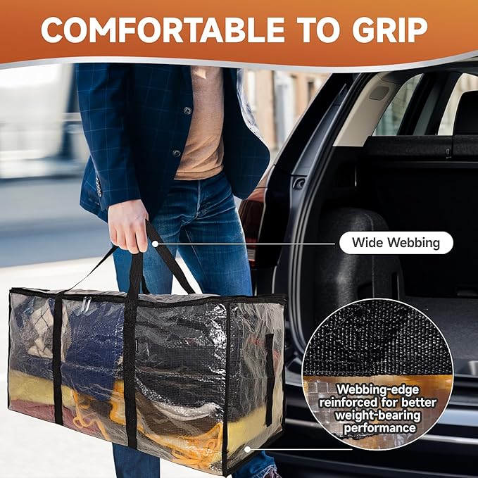 CONGREGATE 6 Pack Extra Large Moving Bags with Zippers and Carrying Handles, Heavy-Duty Storage Tote Moving Boxes for Space Saving, Semi-Transparent 97L/25.6Gal (28.7"x13.7"x15")
