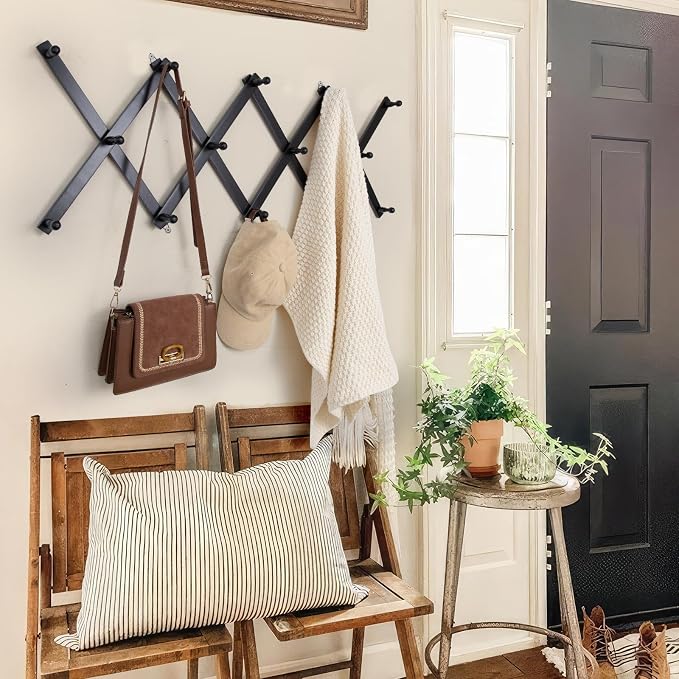 SCUNDA Wall Rack with 14 Hooks, Wooden Wall Expandable Coat Rack