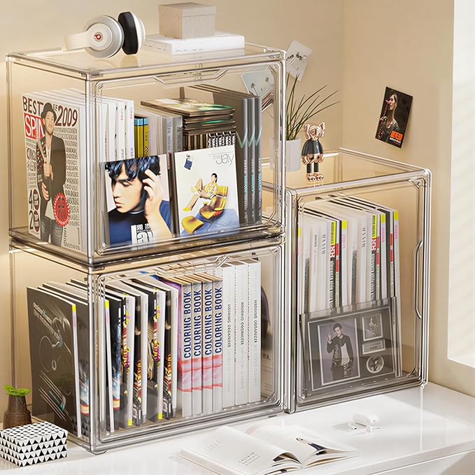 Extra Large 17.7" x 13" x 13" Clear Stackable Storage Bins, Acrylic Boxes with Magnetic Lid Storage Bins for Boots, Shoes, Collectibles, Bags, Figures, Books, Protection Organizer(3 Pack)