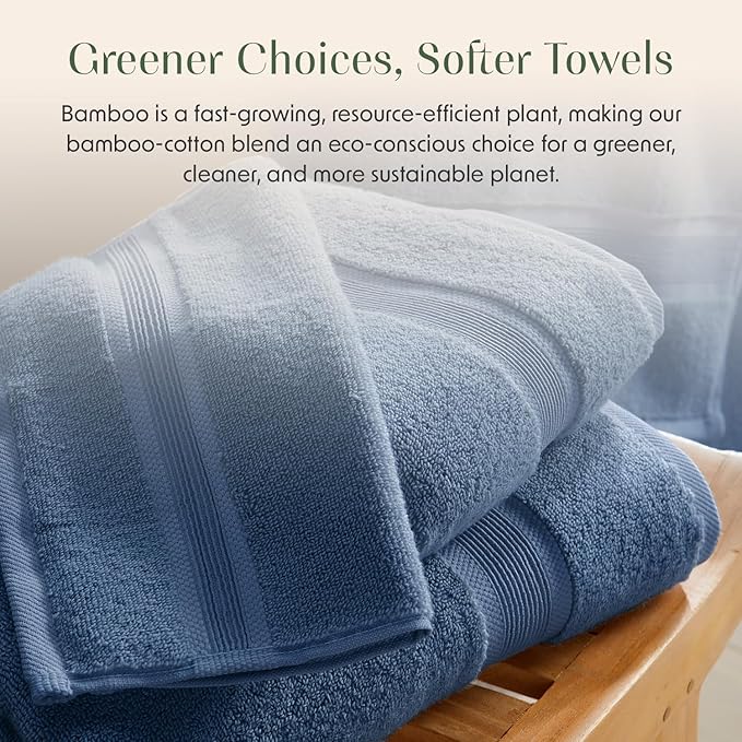 Springtree Home Luxury Bamboo Rayon Bath Towel Set of 4 | 35% Bamboo Rayon - 65% Cotton | Absorbent Quick-Dry Towels for Bathroom | Oeko-TEX Standard 100 Cotton | Mediterranean Blue