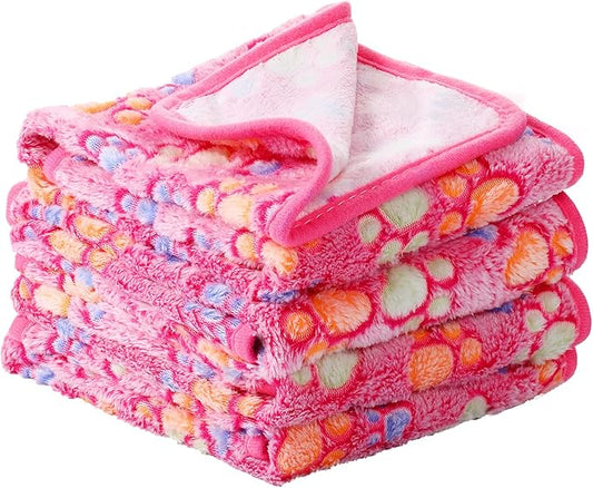 Tatuo 4 Pcs Dog Blanket for Pet Cat Blankets Indoor Puppy Teething Stuff Toys Paw Print Fleece Soft Blanket Sleep Mat for Guinea Pig Cage(Pink,Small(24 x 16 Inch),Square)