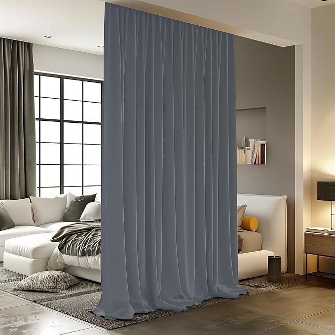 Room Divider Curtains for Ceiling Track Rod, 15 ft Wide x 9 ft Tall, Dark Grey