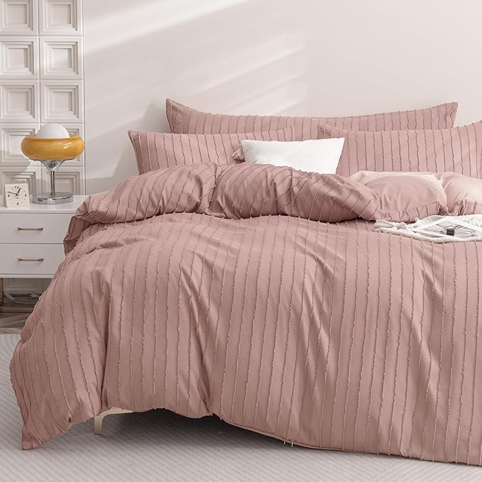 JELLYMONI Duvet Cover Twin Size Smokey Pink - 3PCS Boho Striped Duvet Cover Set Polyester Tufted Bohemian Textured Comforter Cover 68×90in with Corner Ties & Zipper and 2 Pillowcases
