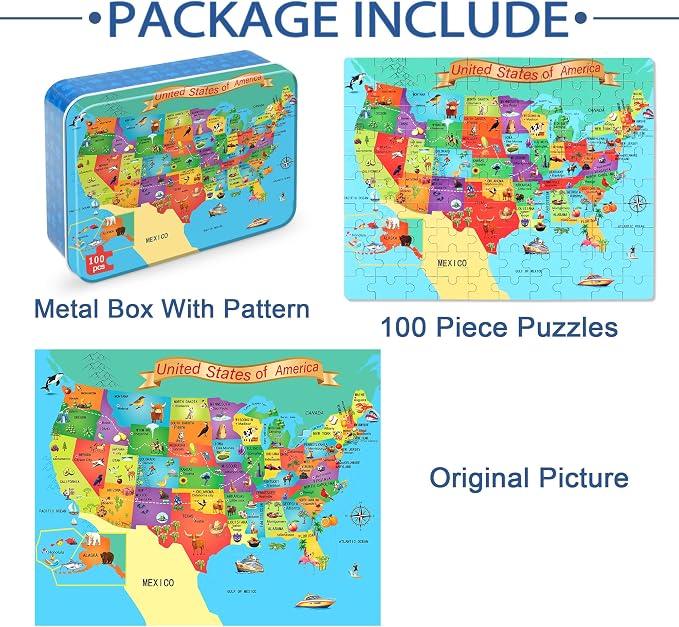 LELEMON Puzzles for Kids Ages 4-6,USA Map 100 Piece Puzzles for Kids Ages 4-8 in a Metal Box,Educational Jigsaw Puzzles 100 Piece Puzzle Games Puzzle Toys for Girls and Boys