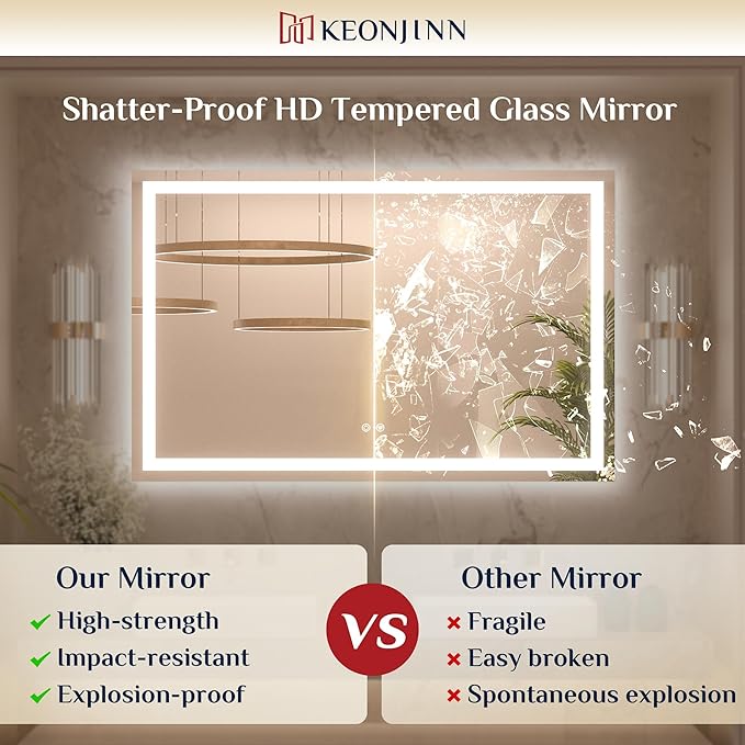 Keonjinn LED Bathroom Mirror 30 ” x 30 ” with Frontlit & Backlit, Lighted Mirror for Bathroom Wall with Dimmable 3-Color Lights, Anti-Fog Mirror with HD Tempered Glass, UL-Listed LED Driver