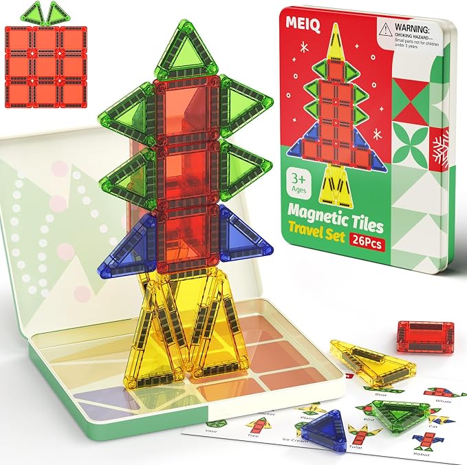 Magnetic Tiles Travel Storage Mini STEM Blocks Festive Box 26PCS 3+ | STEM magnetic building tiles with festive travel box. Great for road trips, airplanes, Montessori play & on-the-go fun