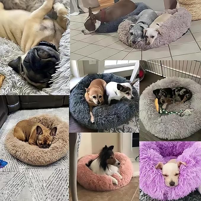 Calming Dog Bed for Small Dogs, Calming Donut Cuddler Pet Bed Anti Anxiety Round Dog Bed Fluffy Plush Faux Fur Cat Bed,Khaki,31.5IN