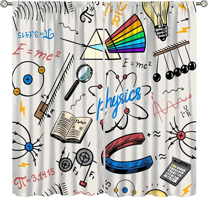 Science Physics Window Curtains, Abstract Math Chemistry Curtain Scientist Graffiti Print Window Treatments for Kids Teens Bedroom Living Room Set 2 Panels,42x45 Inches, Style-8