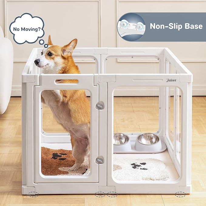 Jalove Clear Dog Playpen Indoor, 24" Acrylic Plastic Pet Play Pen with Door, Playpen for Puppy Cat Rabbit Ferret, Easy to Install Preferable Playpen for Small Dogs, Customizable, White 8 PCS