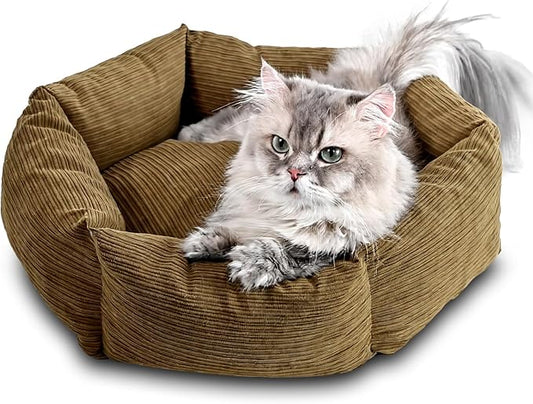 All-Season Stain Resistance Cat Dog Bed,Round Donut Pet Bed,Cord Washable Cat and Dog Beds with Removable Cover,Kitten Bed with Anti-Slip Bottom,Brown,21.6 * 5.9"