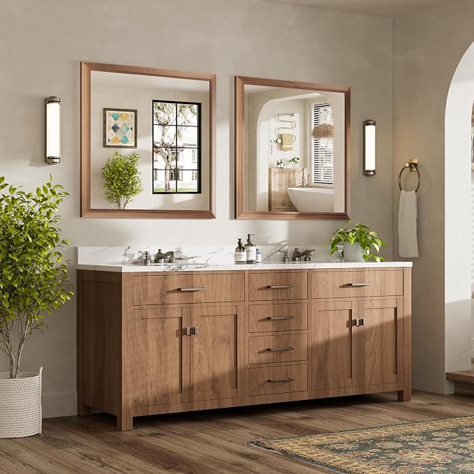 36x36 Inch Bathroom Mirror for Wall, Anti-Rust Walnut Wood Grain Metal Framed