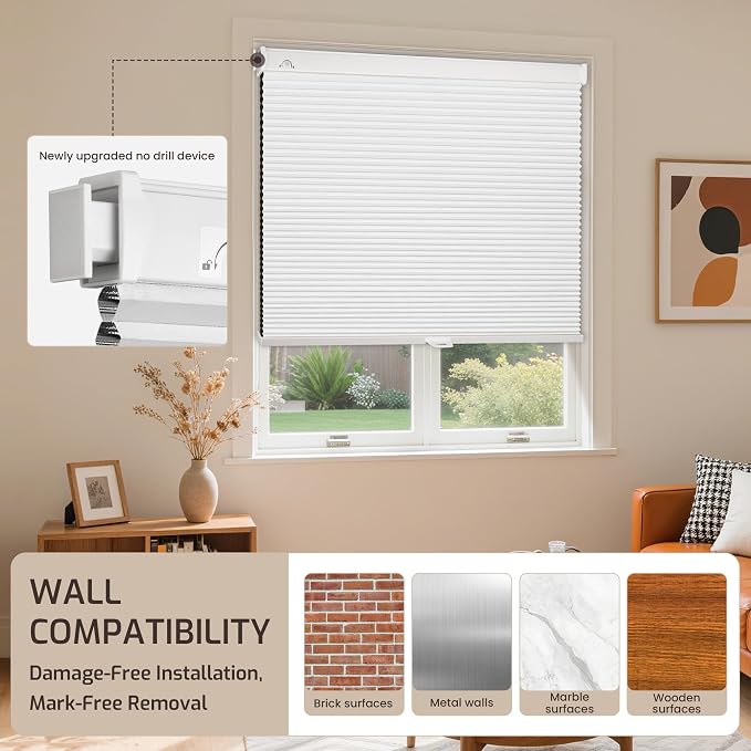 Grandekor No Drill No Tools Cordless Cellular Shades, 27.5" W x 64" H, UV