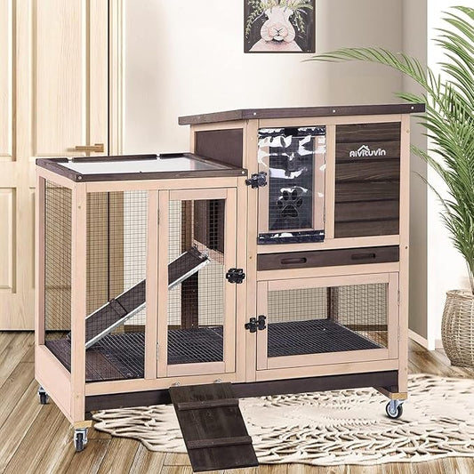 Aivituvin Rabbit Hutch Bunny Hutch Large Rabbit Cage, Indoor Bunny Cage Outdoor Rabbit House (Coffee Color)