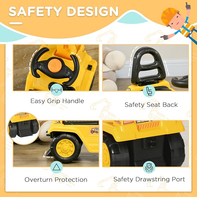 HOMCOM Ride On Excavator Pull Cart, Kids Digger Ride on Truck with Horn, Under Seat Storage, Sit and Scoot Pretend Play Toy Construction Car for Ages 18-48 Months