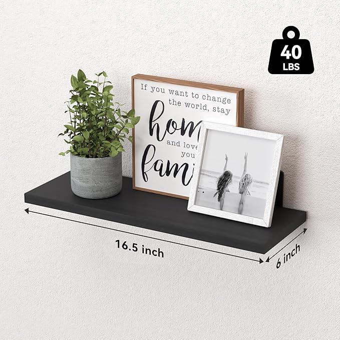 WOPITUES Wood Floating Shelves Set of 6, Shelves for Wall Decor, Farmhouse Shelf for Bedroom, Bathroom Storage Shelves, Book Shelves for Living Room-Black