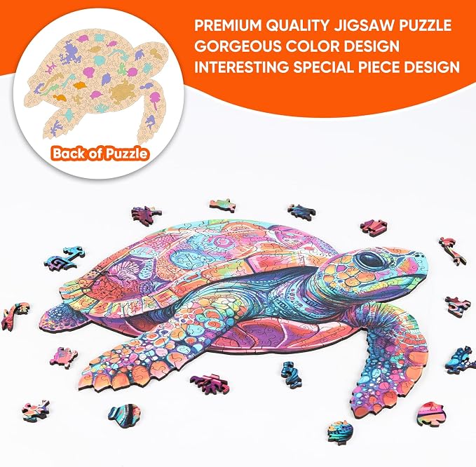 Mys Aurora Colorful Turtle Puzzles for Adults 200 Pieces Ocean Wood Puzzles | 5MM Thick Wooden Jigsaw Puzzles, Unique Shape Puzzle for Adults and Kids Birthday Gifts Family Game 11.4 * 11.4 inches