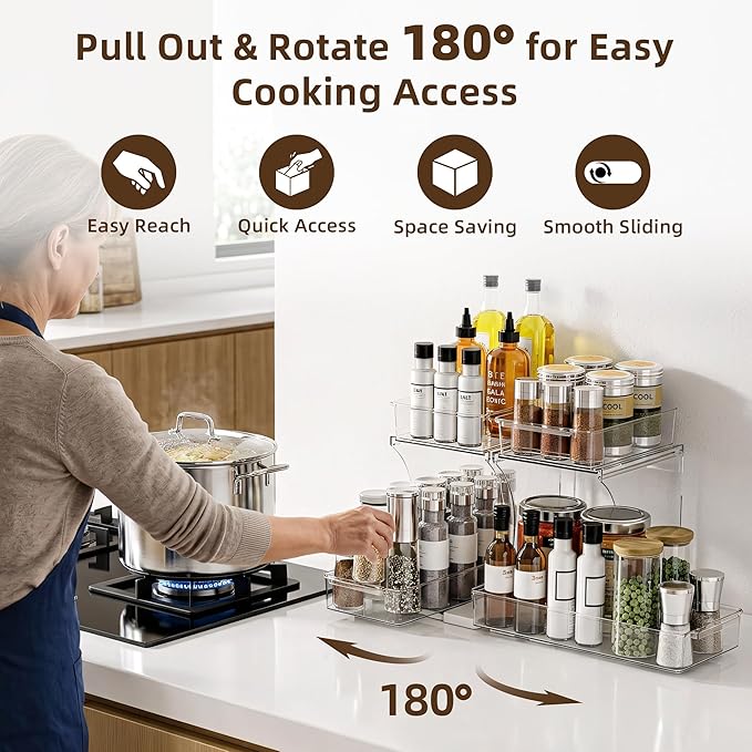 Spice Rack Organizer for Cabinet, 2 Tier Countertop Shelf Organizer with Pull Out Rotating Bottom Shelf, Acrylic Kitchen Spice Organizer for Pantry, Counter and Cabinet Storage