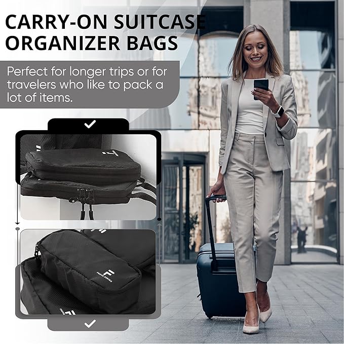 8 Piece Compression Packing Cubes Set - Double Capacity Design for Travel - Small, Medium & Large Sizes - Carry-On Suitcase Organizer Bags (Black)