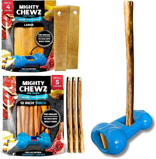 Yak Cheese and Bully Stick Holder Combo Pack, Large Yak Cheese (4 Pcs) and 12" Thick Bully Sticks (5 Pcs) - Includes Bully Bone Holder for Safe, Secure and Smarter Chewing