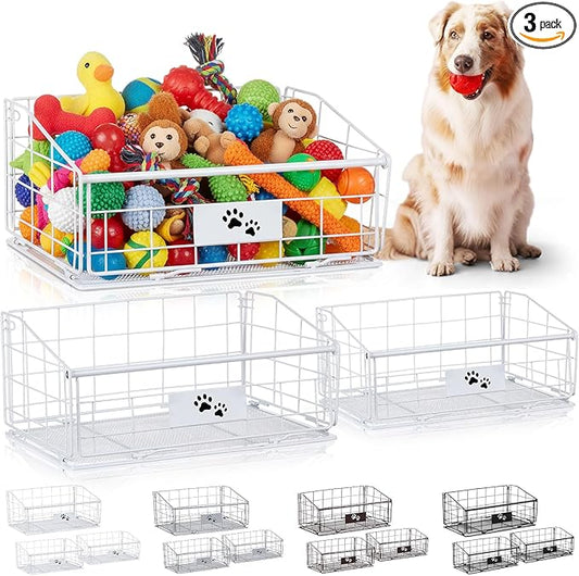 Mimorou 3 Pack Metal Dog Toy Baskets Multi-sized Foldable Dog Toy Bins Box Storage Container Organizer for Living Room Area Decorative Pet Accessories Coat Clothing Storage Holder Baskets(White)