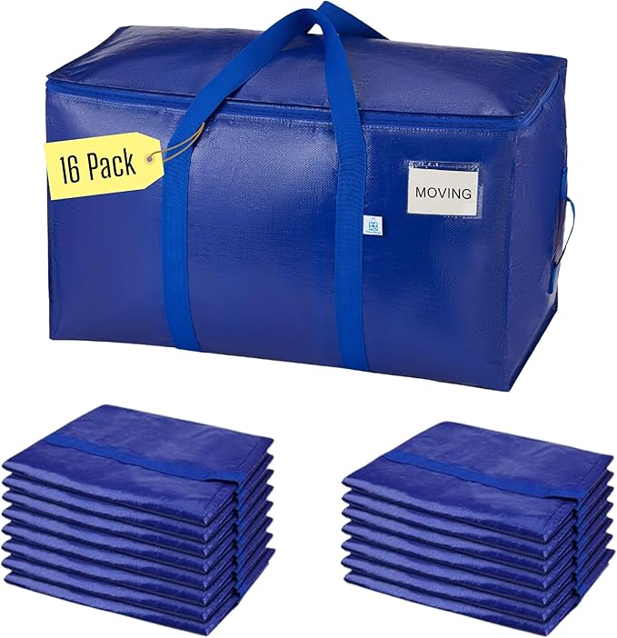 VENO 16 Pack Moving Bags, Upgraded Heavy Duty, Moving Boxes Alternative, Packing Storage Supplies for Dorm Room Essentials with Zipper for Clothes, Large Totes for Packaging (Blue, 16 Pack)