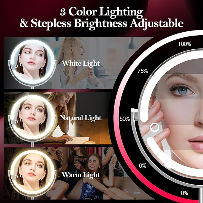 20X Magnifying Mirror with Light, Height Adjustable 2000mAh Makeup Mirror with Light, 3 Color Lights for Tabletop/Travel. Detachable Travel Makeup Mirror, Vanity Mirror for Bathroom, Silver