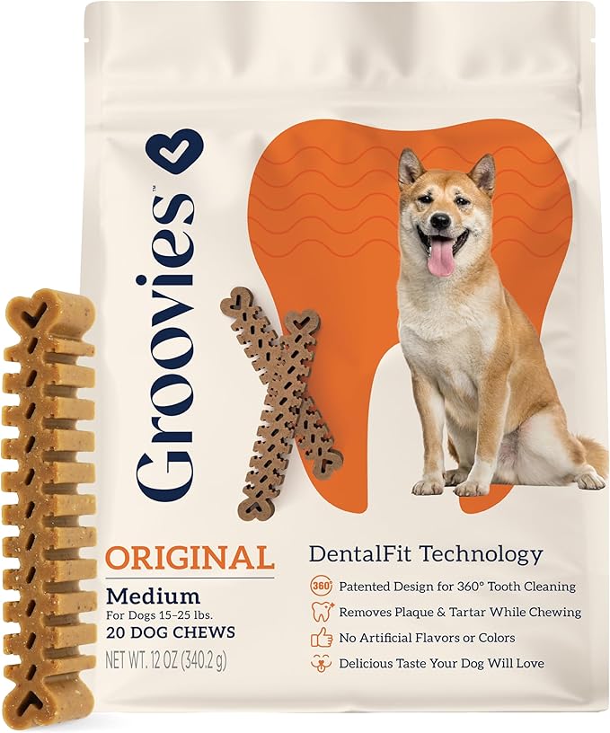 Groovies Flexible Dog Dental Chews with Patented DentalFit Technology to Help Support Tartar Control & Fresh Breath, Medium Dog Chews for 15-25 lb Dogs, USA Manufactured Oral Care, 20 Chews