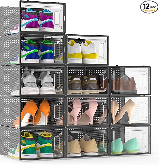 12 Pack Large Shoe Organizer Storage Boxes for Closet, Modular Space Saving Shoe Boxes Clear Plastic Stackable Sneaker Containers Display Case with Lids, Black05